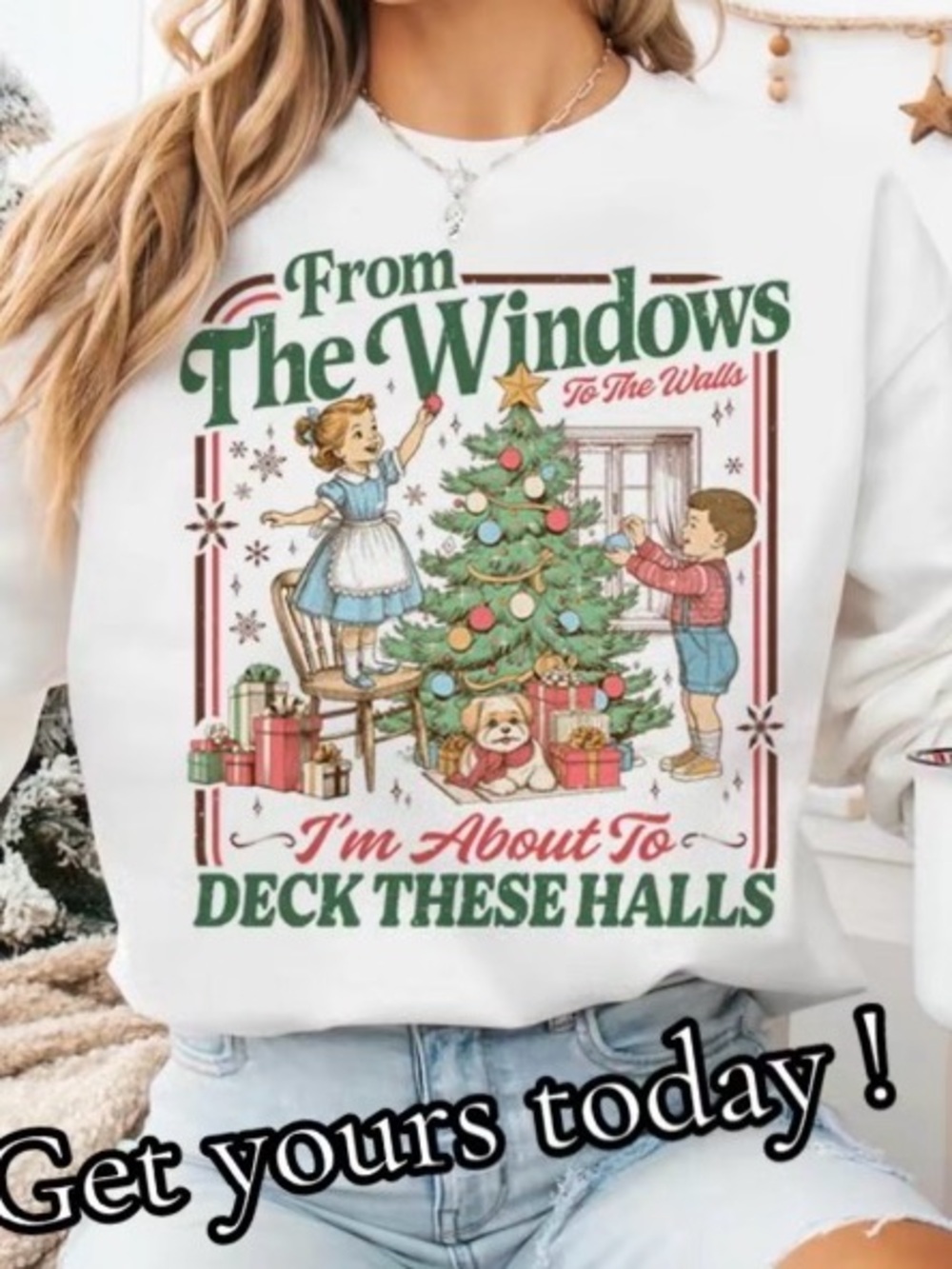 White Holiday Graphic crewneck Sweat Shirt 'From The Windows' Festive Tree Desig
